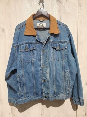 Woodlake Denim Jacket Mens Large Trucker Leather Collar Vintage USA Workwear